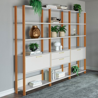 Estante para Livros 2 Portas 2 Gavetas 100% Mdf E93 Off White/Freijó/Gold - Pradel