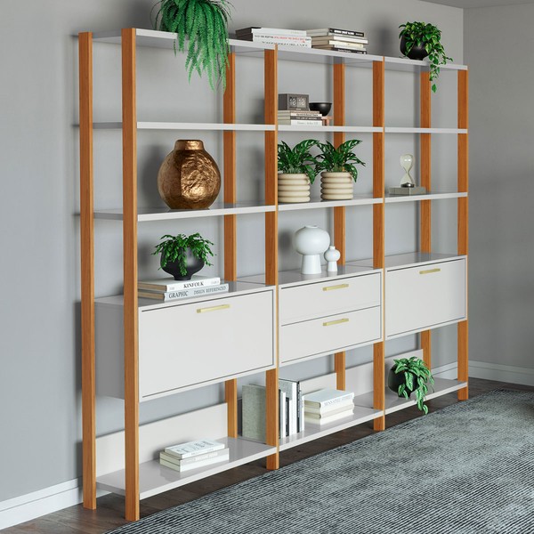 Estante para Livros 2 Portas 2 Gavetas 100% Mdf E93 Off White/Freijó/Gold - Pradel