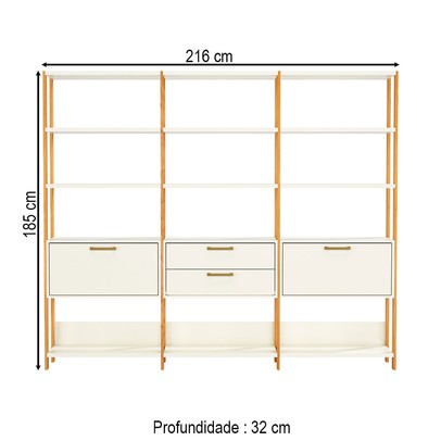 Estante para Livros 2 Portas 2 Gavetas 100% Mdf E93 Off White/Freijó/Gold - Pradel
