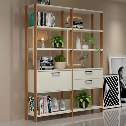 Estante para Livros 1 Porta 2 Gavetas 100% Mdf E92 Off White/Freijó/Gold - Pradel