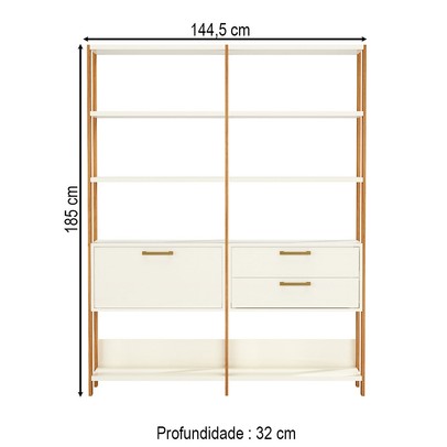 Estante para Livros 1 Porta 2 Gavetas 100% Mdf E92 Off White/Freijó/Gold - Pradel