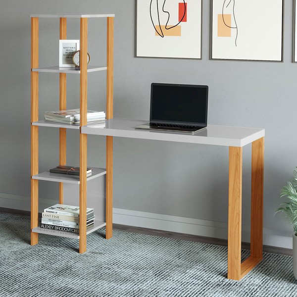 Mesa Escrivaninha Industrial 4 Prateleiras 100% Mdf Off White/Freijó F29 - Pradel