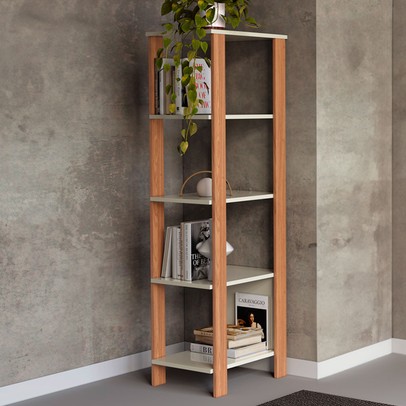 Estante para Livros 4 Prateleiras 100% Mdf Off White/Freijó F28 - Pradel