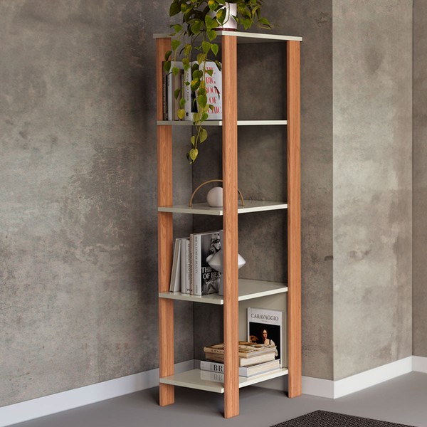 Estante para Livros 4 Prateleiras 100% Mdf Off White/Freijó F28 - Pradel