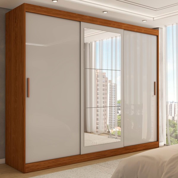 Guarda-Roupa Casal Harvard 3 Portas 2 Gavetas com Espelho 100% Mdf Off White/Nogueira - Panorama Móveis