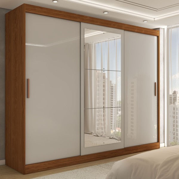 Guarda-Roupa Casal Harvard 3 Portas 2 Gavetas com Espelho 100% Mdf Off White/Nogueira - Panorama Móveis