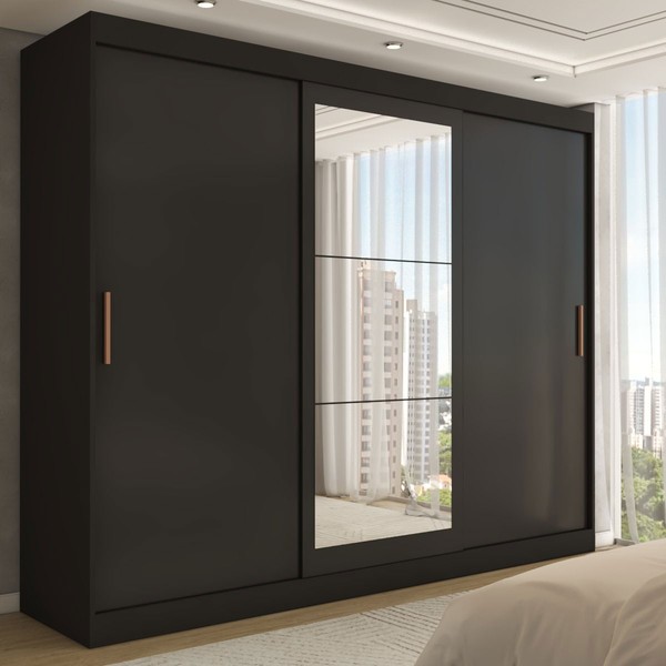Guarda-Roupa Casal Harvard 3 Portas 2 Gavetas com Espelho 100% Mdf Preto - Panorama Móveis