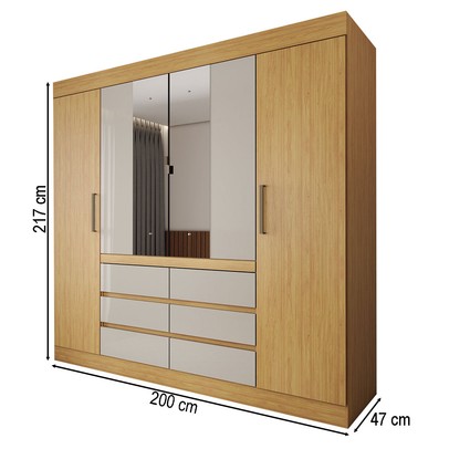 Guarda-Roupa Casal Honey 4 Portas 6 Gavetas com Espelho Cinamomo/Off White - Panorama Móveis