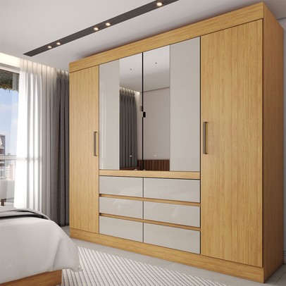 Guarda-Roupa Casal Honey 4 Portas 6 Gavetas com Espelho Cinamomo/Off White - Panorama Móveis