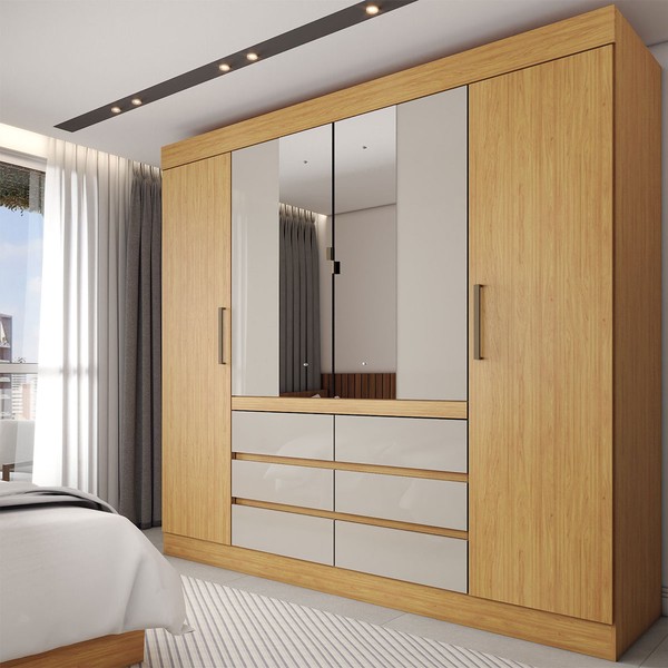 Guarda-Roupa Casal Honey 4 Portas 6 Gavetas com Espelho Cinamomo/Off White - Panorama Móveis