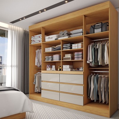 Guarda-Roupa Casal Honey 4 Portas 6 Gavetas com Espelho Cinamomo/Off White - Panorama Móveis