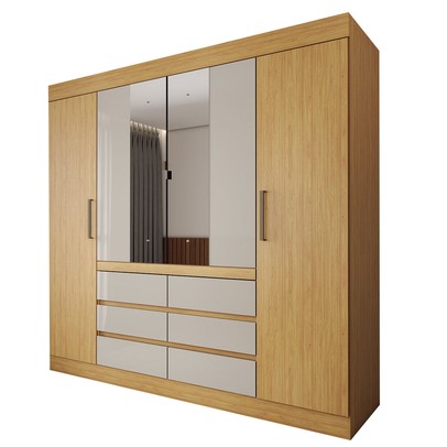 Guarda-Roupa Casal Honey 4 Portas 6 Gavetas com Espelho Cinamomo/Off White - Panorama Móveis