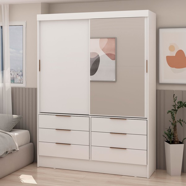 Guarda-Roupa Solteiro Vicenza 2 Portas 6 Gavetas com Espelho Branco - Pnr Móveis