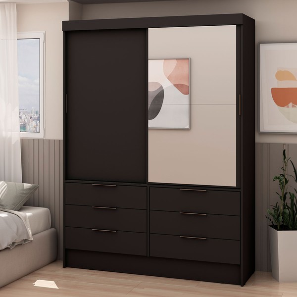 Guarda-Roupa Solteiro Vicenza 2 Portas 6 Gavetas com Espelho Preto - Pnr Móveis