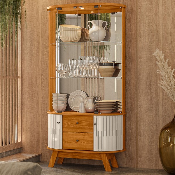 Cristaleira Mosaico 4 Portas 2 Gavetas com Espelho Cinamomo/Off White - Pnr Móveis