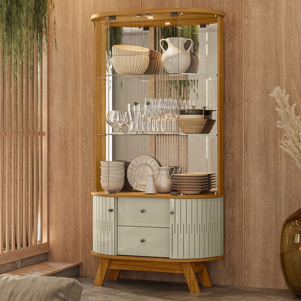 Cristaleira Mosaico 4 Portas 2 Gavetas com Espelho Cumaro/Opala - Pnr Móveis