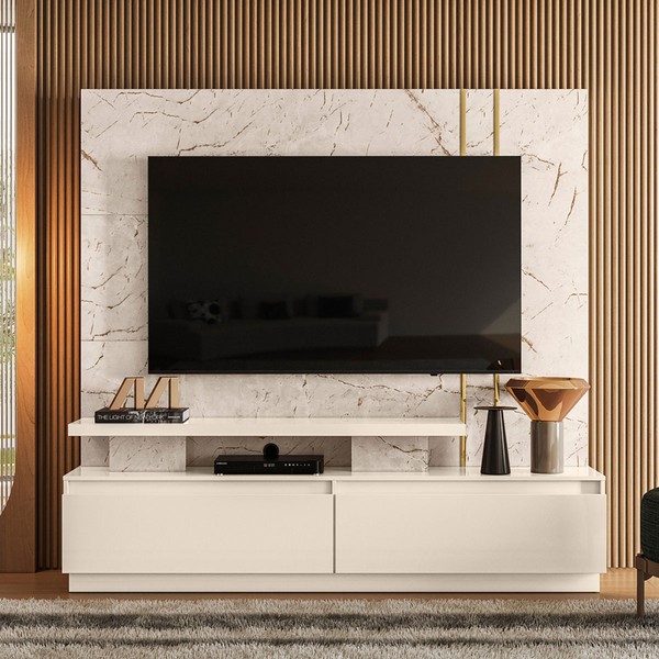 Estante para TV Até 75 Polegadas New Cronos 2 Gavetas Calacata/Off White - Pnr Móveis