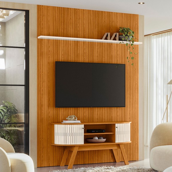 Rack com Painel para TV Até 65 Polegadas Cansas 2 Portas 2 Prateleiras Cinamomo/Off White - Pnr Móveis