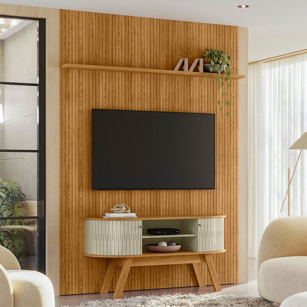 Rack com Painel para TV Até 65 Polegadas Cansas 2 Portas 2 Prateleiras Cumaru/Opala - Pnr Móveis