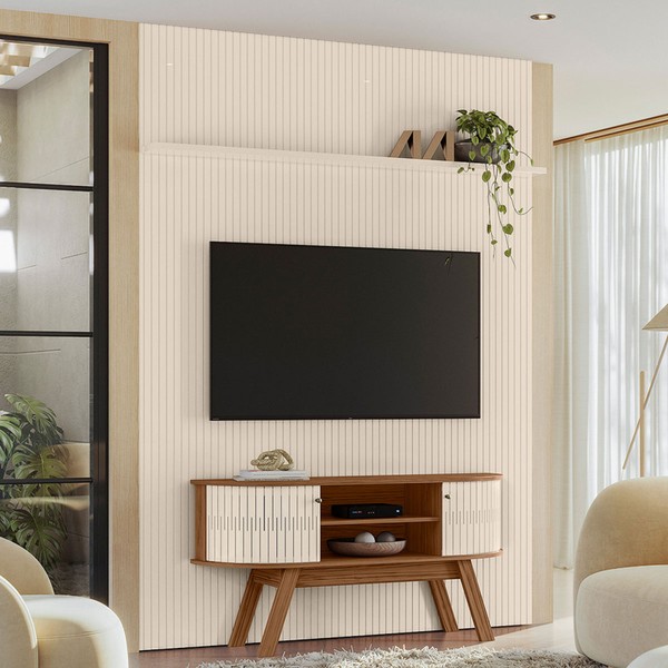 Rack com Painel para TV Até 65 Polegadas Cansas 2 Portas 2 Prateleiras Naturale/Off White - Pnr Móveis