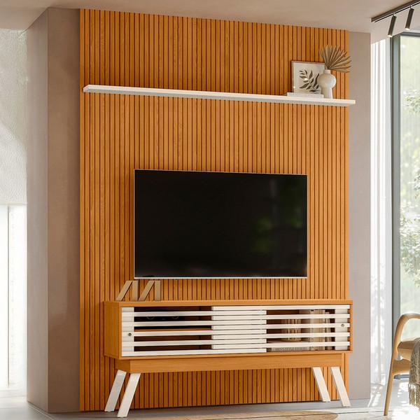 Rack com Painel para TV Até 65 Polegadas 2 Portas 2 Prateleiras Cinamomo/Off White - Pnr Móveis