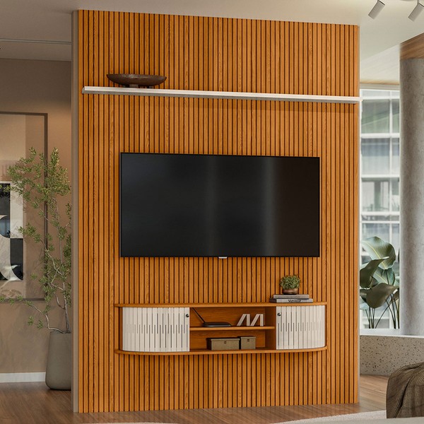 Painel para TV Até 65 Polegadas Monte Eli 2 Portas 2 Prateleiras Cinamomo/Off White - Pnr Móveis