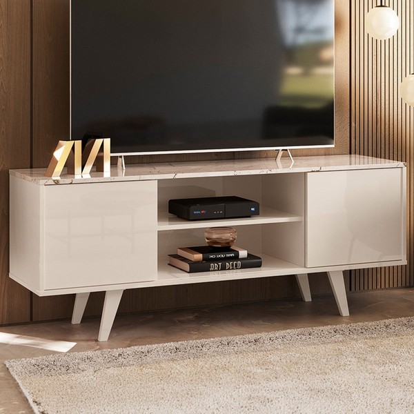 Rack para TV Até 50 Polegadas Ravena 2 Portas 1 Prateleira Calacata/Off White - Pnr Móveis