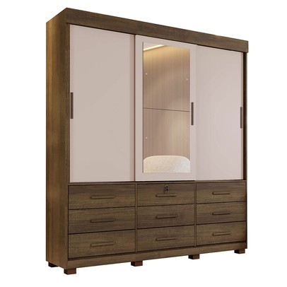 Guarda-Roupa Casal Copenhague 3 Portas 9 Gavetas com Espelho Flex Imbuia/Off White - Pnr Móveis