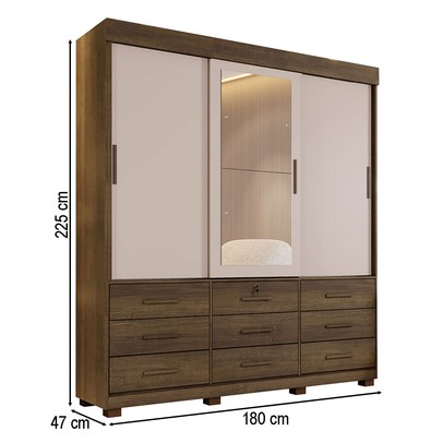 Guarda-Roupa Casal Copenhague 3 Portas 9 Gavetas com Espelho Flex Imbuia/Off White - Pnr Móveis