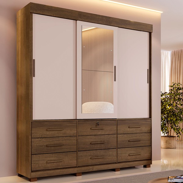 Guarda-Roupa Casal Copenhague 3 Portas 9 Gavetas com Espelho Flex Imbuia/Off White - Pnr Móveis