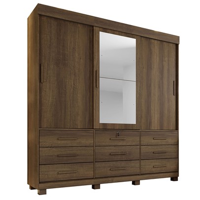 Guarda-Roupa Casal Copenhague 3 Portas 9 Gavetas com Espelho Flex Imbuia/Off White - Pnr Móveis