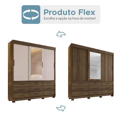 Guarda-Roupa Casal Copenhague 3 Portas 9 Gavetas com Espelho Flex Imbuia/Off White - Pnr Móveis