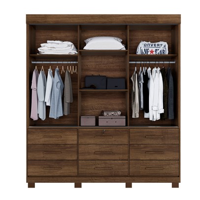 Guarda-Roupa Casal Copenhague 3 Portas 9 Gavetas com Espelho Flex Imbuia/Off White - Pnr Móveis