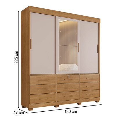 Guarda-Roupa Casal Copenhague 3 Portas 9 Gavetas com Espelho Flex Cinamomo/Off White - Pnr Móveis