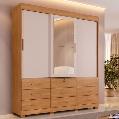 Guarda-Roupa Casal Copenhague 3 Portas 9 Gavetas com Espelho Flex Cinamomo/Off White - Pnr Móveis