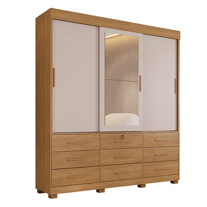 Guarda-Roupa Casal Copenhague 3 Portas 9 Gavetas com Espelho Flex Cinamomo/Off White - Pnr Móveis