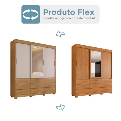 Guarda-Roupa Casal Copenhague 3 Portas 9 Gavetas com Espelho Flex Cinamomo/Off White - Pnr Móveis