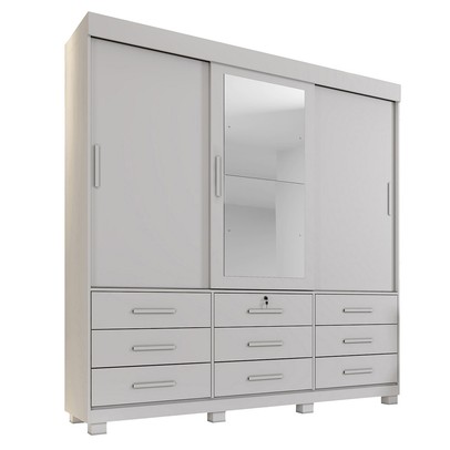 Guarda-Roupa Casal Copenhague 3 Portas 9 Gavetas com Espelho Branco - Pnr Móveis