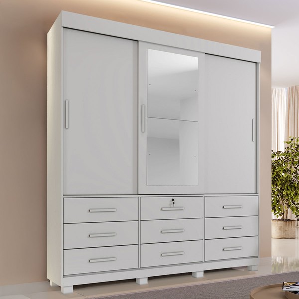 Guarda-Roupa Casal Copenhague 3 Portas 9 Gavetas com Espelho Branco - Pnr Móveis
