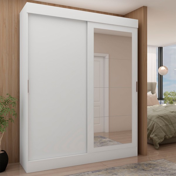 Guarda-Roupa Solteiro Reale 2 Portas 2 Gavetas com Espelho Branco/Fosco - Pnr Móveis