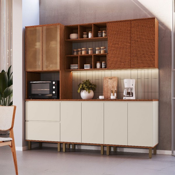 Cozinha Completa Vermont 8 Portas 2 Gavetas 100% Mdf Ripado com Vidro Off White/Canela - Pnr Móveis