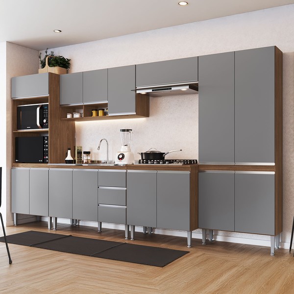 Armário de Cozinha Thalia 15 Portas 3 Gavetas Freijó/Cinza - Pnr Móveis