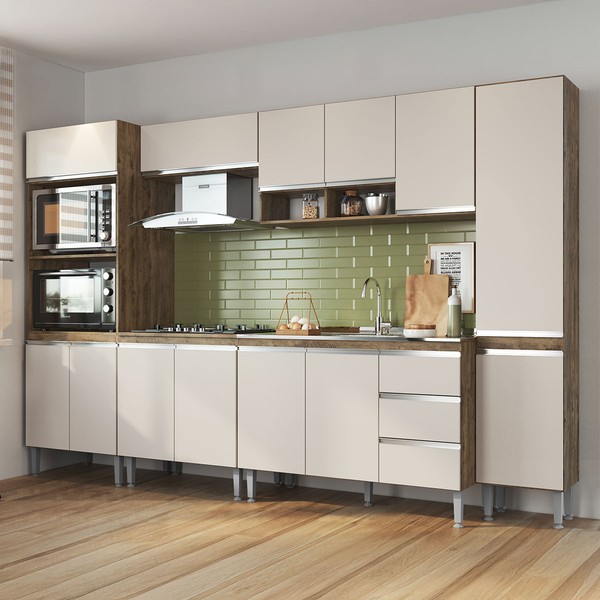 Armário de Cozinha Thalia 13 Portas 3 Gavetas Itauba/Off White - Pnr Móveis