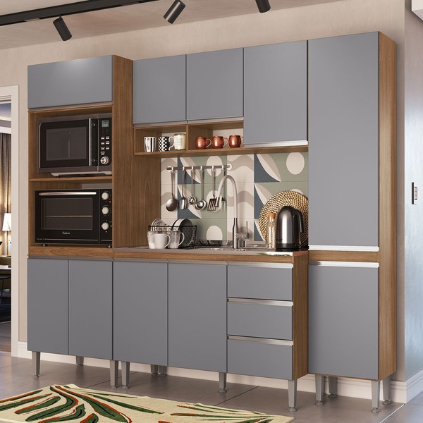 Armário de Cozinha Thalia 10 Portas 3 Gavetas Freijó/Cinza/Branco - Pnr Móveis