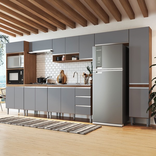 Armário de Cozinha Thalia 14 Portas 3 Gavetas Freijó/Cinza - Pnr Móveis