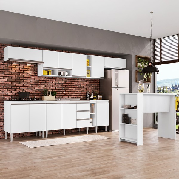 Armário de Cozinha Thalia com Bancada 11 Portas Branco - Pnr Móveis