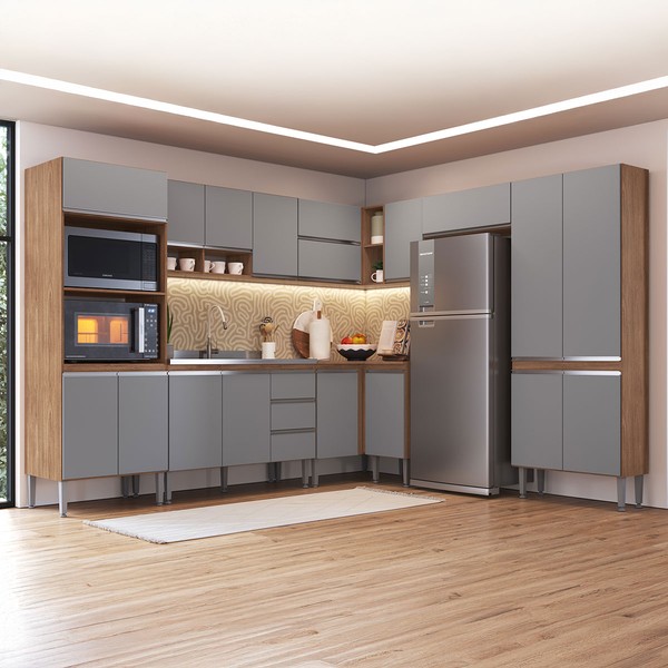 Armário de Cozinha Thalia 18 Portas 3 Gavetas Freijó/Cinza - Pnr Móveis