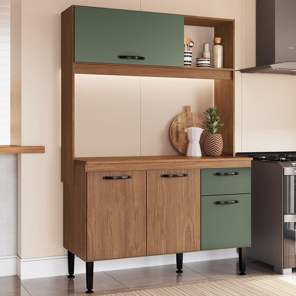 Cozinha Compacta Gaby 4 Portas 1 Gaveta com Tampo Freijó/Oliva - Pnr Móveis