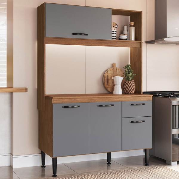 Cozinha Compacta Gaby 4 Portas 1 Gaveta com Tampo Freijó/Cinza - Pnr Móveis