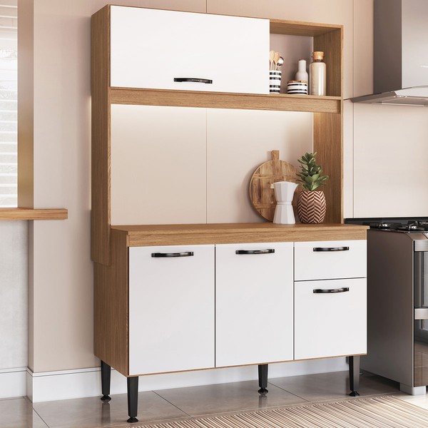 Cozinha Compacta Gaby 4 Portas 1 Gaveta com Tampo Freijó/Branco - Pnr Móveis